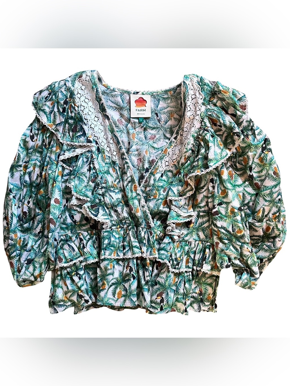 FARM Rio Mini Toucans Blouse Green Tropical Ruffle Top Size Small
